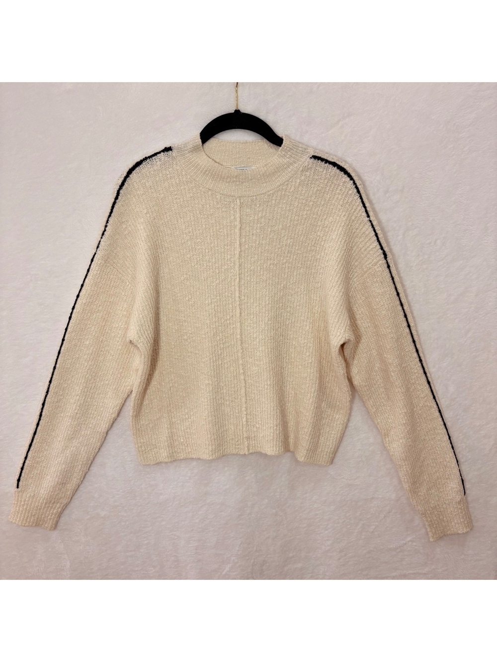 The Workshop Cream Textured Knit Sweater Small Black Contrast Piping Mock Neck